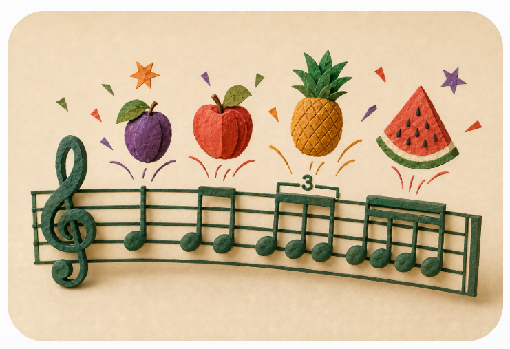 Plum, apple, pineapple and watermelon above quarter-note, eighth-note, triplet and sixteenth-note rhythms on a musical staff.